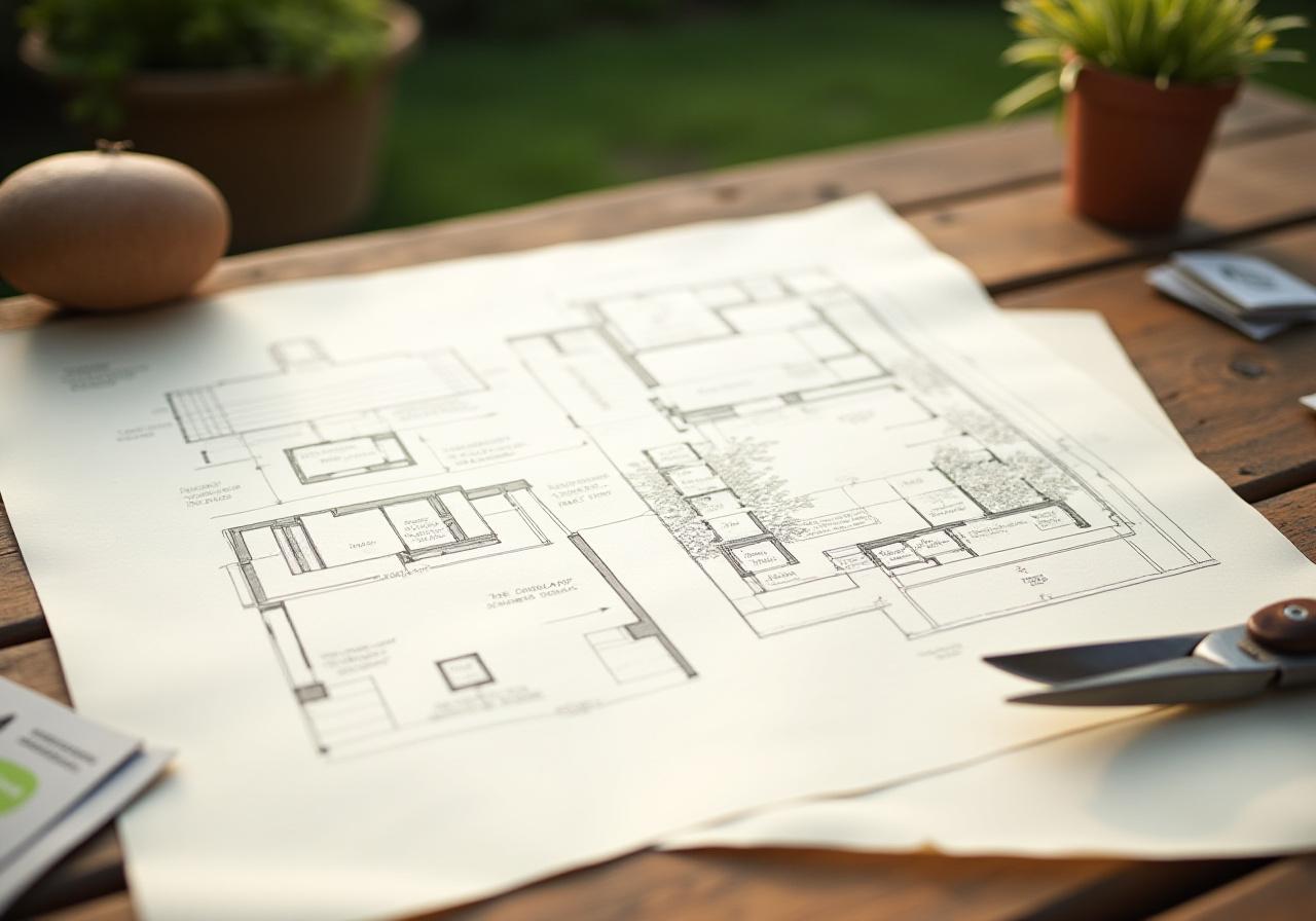 Close up of a garden design plan with gardening tools on a wooden table