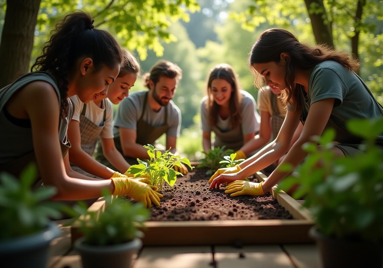 Homeowners learning organic gardening in a sunny backyard